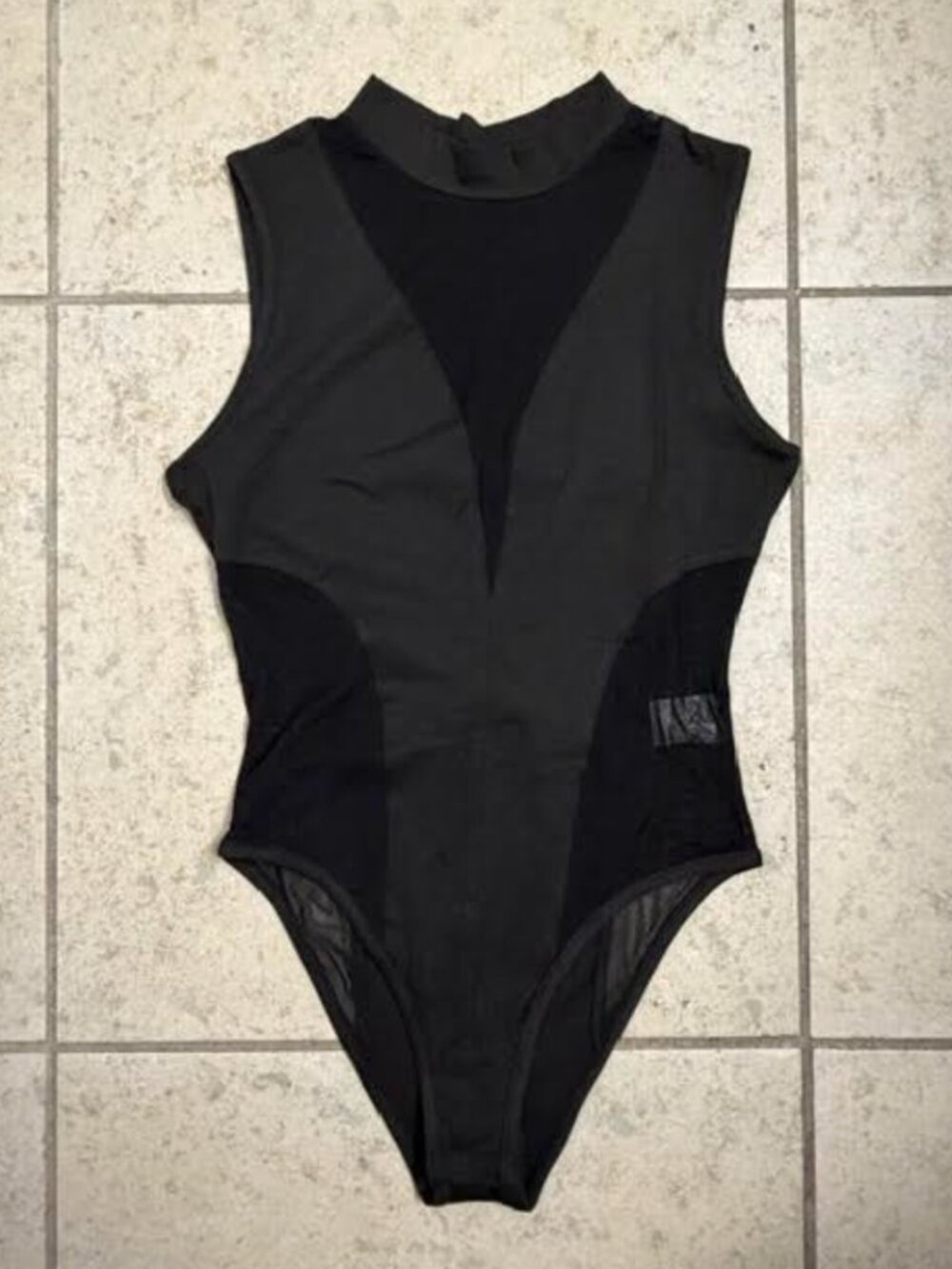 MILUMIA Women's Black Bodysuit Small Sheer Mesh Mock Neck Sleeveless NEW NWOT